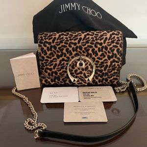 JIMMY CHOO MINI MADELINE LEOPARD PRINT HAIR WALLET ON CHAIN